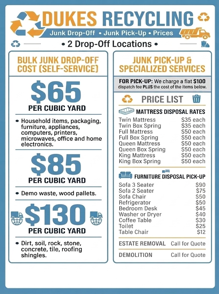 Duke's Junk Recycling full price menu — drop-off and pick-up rates